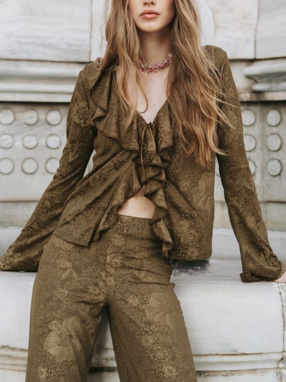 Zara Olive/Brown Jacquard Ruffle Blouse size M w/matching pant size S NWTS